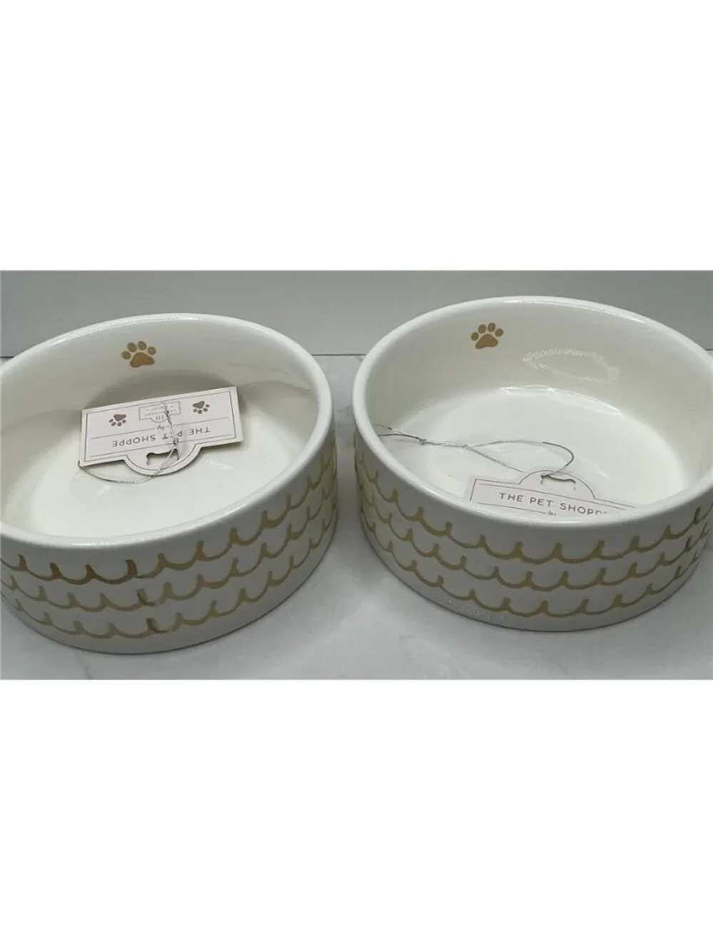 10 Strawberry Street 2 Pet Bowl Paw Waves Designs Tan Ceramic New